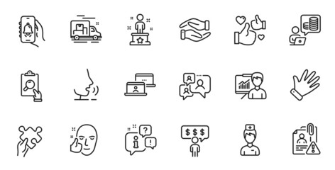 Outline set of Employee benefits, Success and Presentation line icons for web application. Talk, information, delivery truck outline icon. Include Doctor, Support chat, Search employee icons. Vector