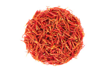 A mound of red saffron.
Dry saffron spice on  background. Dry saffron flower.