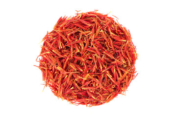 Fototapeta premium A mound of red saffron. Dry saffron spice on background. Dry saffron flower.