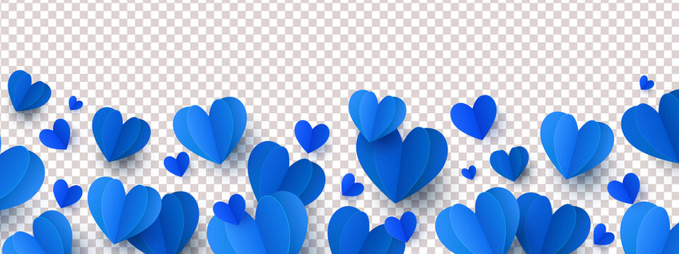 Happy Father's Day love background with long horizontal border made of beautiful falling blue colored paper hearts isolated on background. Happy Fathers Day or Valentines vector illustration