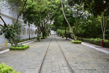 sidewalk with lampposts and trees, surrounded by dense vegetation, in the Historical Park of Guayaquil, Ecuador