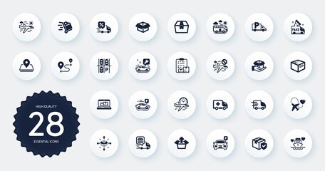 Set of Transportation icons, such as Truck delivery, Web inventory and Hold box flat icons. Ambulance emergency, Airplane travel, Package box web elements. Cancel flight. Circle buttons. Vector