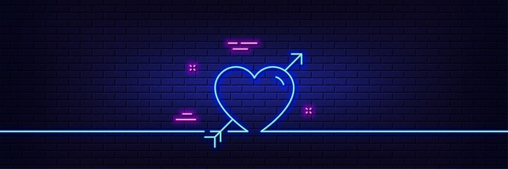 Neon light glow effect. Love line icon. Valentine heart sign. Couple relationships symbol. 3d line neon glow icon. Brick wall banner. Love outline. Vector
