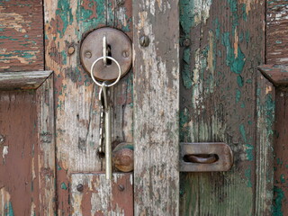lock, keyhole and keys on an old wooden door