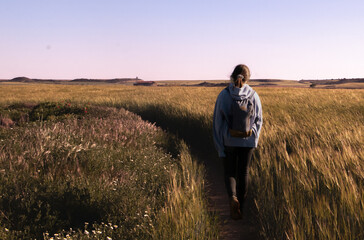 Mujer camina hacia el horizonte