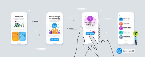 Set of Friends chat, Approved documentation and Market sale line icons. Phone ui interface. Include Teamwork chart, Certificate, Gift icons. Fingerprint, Shoes, Quick tips web elements. Vector
