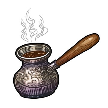 steaming coffee pot with wooden handle clip art preview