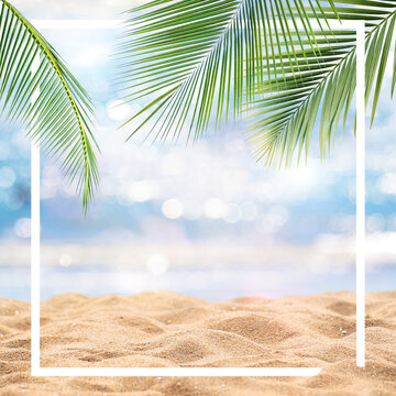 Summer background with frame, golden beach with rays of sun light and leaf palm. Copy space, summer vacation concept.