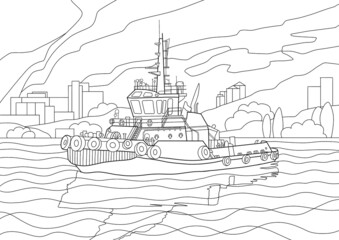 coloring page tugboat in the seaport