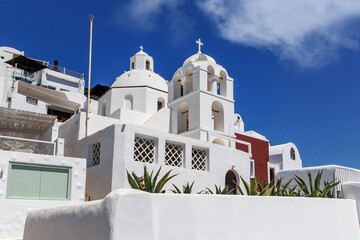 Classical Greek white buildings architecture on Santorini island, Greece.