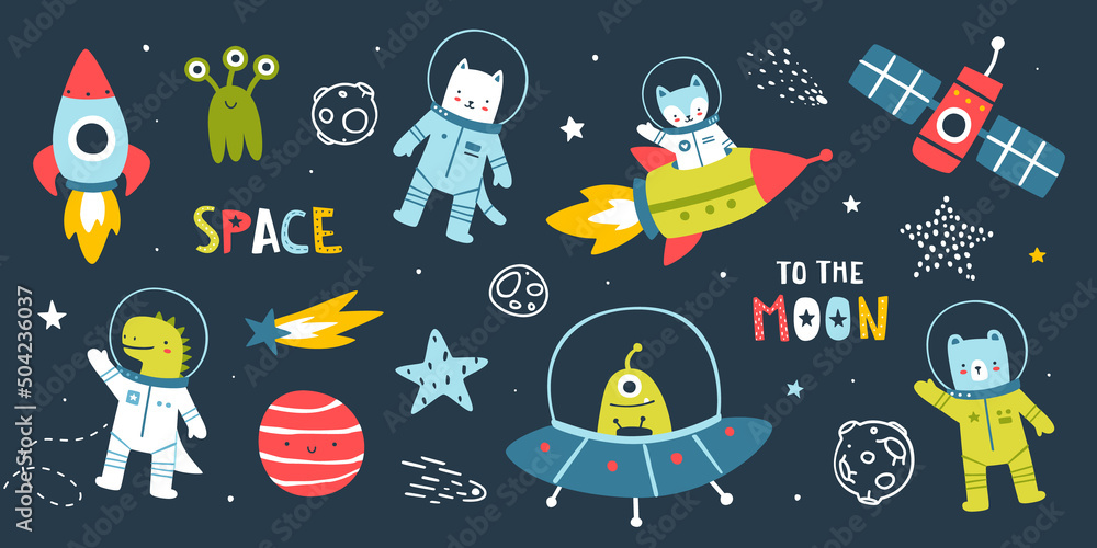 Wall mural set of animal astronauts in space and spaceships. cute bundle with cosmonauts. collection of doodle 