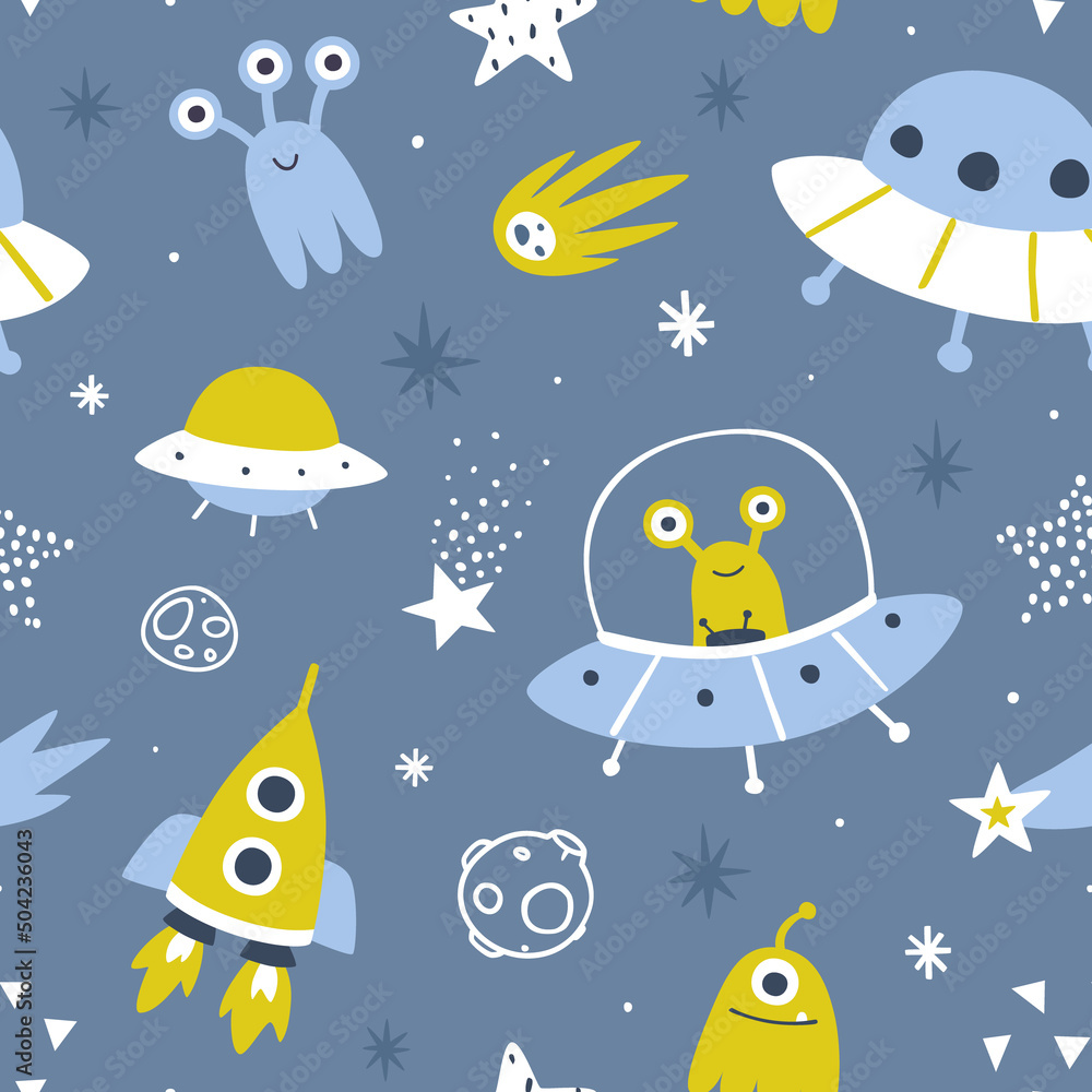 Wall mural cute space adventure pattern with aliens and spaceships. funny seamless cosmic print for baby textil
