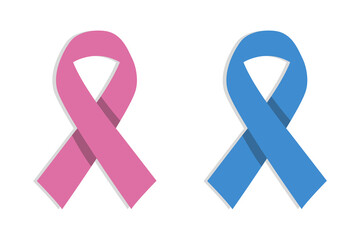 Breast and prostate cancer awareness ribbons. Vector pink and blue ribbons isolated on white