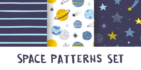 Cute space patterns collection for kids textile. Kawaii vector seamless astronomy prints set for baby fabric. © Sonium_art