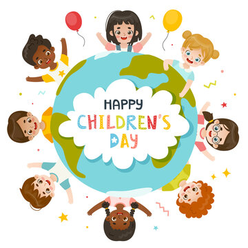 Children's day celebration banner. Diverse happy kids around the planet earth. Adorable cartoon toddlers.