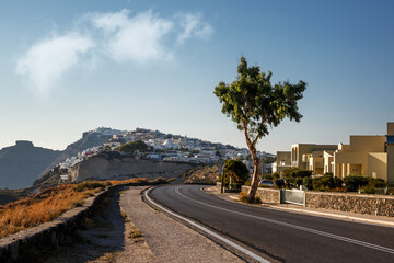 Fototapeta na wymiar The road to Thira on Santorini island. The way along the coast.