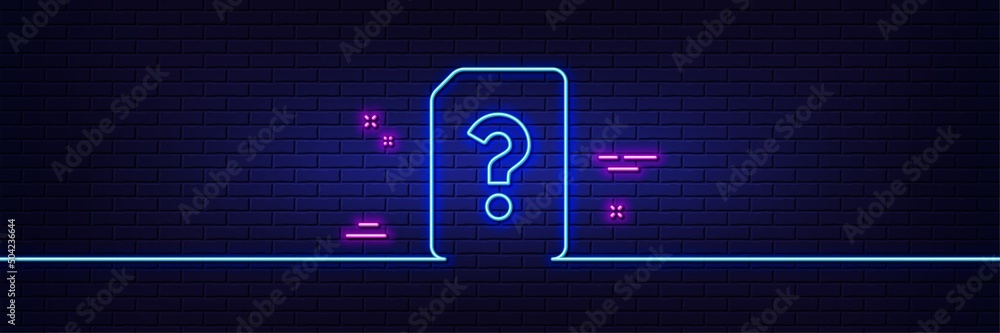 Poster neon light glow effect. unknown document line icon. file with question mark sign. untitled paper pag