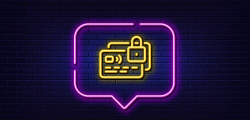 Neon light speech bubble. Credit card line icon. Locked bank money payment sign. Non-cash pay symbol. Neon light background. Card glow line. Brick wall banner. Vector