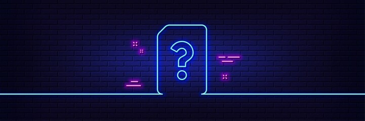 Neon light glow effect. Unknown Document line icon. File with Question mark sign. Untitled Paper page concept symbol. 3d line neon glow icon. Brick wall banner. Unknown file outline. Vector