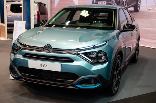 New fully electric Citroen C4-E premiere at a motor show, model 2022, front view