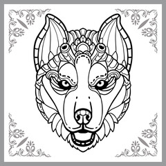 Siberian husky dog zentangle arts. isolated on black background.