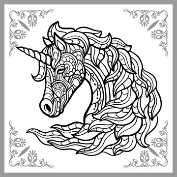 unicorn head zentangle arts. isolated on black background. 