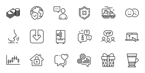 Outline set of Users chat, Cogwheel and Like line icons for web application. Talk, information, delivery truck outline icon. Include Heart, Swipe up, Gift box icons. Vector