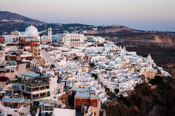 View of white greek houses on the sea coast of Santorini island, Greece