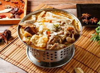 beef pot with red chili isolated on mat side view of japanese food