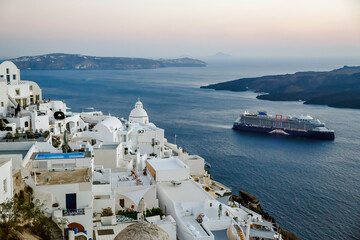 View of white greek houses on the sea coast of Santorini island, Greece