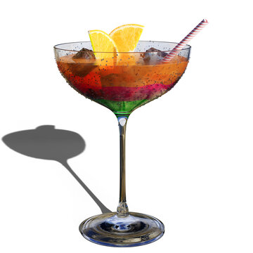Concept of a beach party with cocktails. Cocktail glass covered with drops, with slices of orange and ice cubes inside. Rainbow cocktail, 3d render, isolated on a white background.