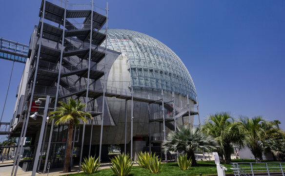 Los Angeles, California USA - May 1, 2022: Academy Museum of Motion Pictures theatre building, a globe designed by architect Renzo Piano holds a large theater, powered by solar roof panels.