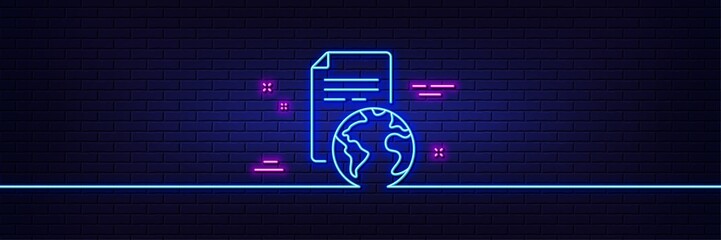 Neon light glow effect. Global business documents line icon. Translation service sign. Internet marketing symbol. 3d line neon glow icon. Brick wall banner. Translation service outline. Vector