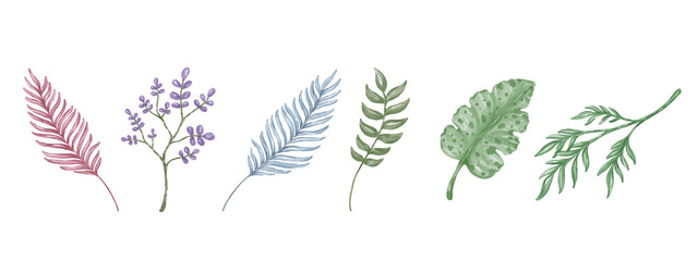 Leaves illustration set Watercolor graphics designed on a white background for cards, posters, postcards, digital prints, crafts, scrapbooks, and more.