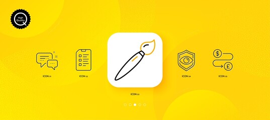Fototapeta na wymiar Brush, Eye detect and Money transfer minimal line icons. Yellow abstract background. Checklist, Employees messenger icons. For web, application, printing. Vector