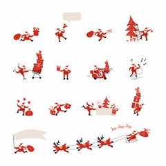 Santa Claus shopping and delivery set. Christmas vector illustration. Hand drawn character.