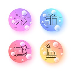 Luggage belt, Sale gift and Santa boots minimal line icons. 3d spheres or balls buttons. Delivery icons. For web, application, printing. Arrival baggage, Discounts, New year. Cargo schedule. Vector