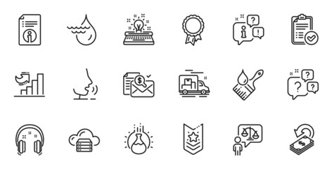Outline set of Chemistry experiment, Success and Technical info line icons for web application. Talk, information, delivery truck outline icon. Vector