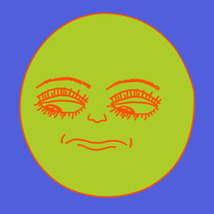 Psychedelic vintage smiley - retro rgb. Psychedelic 1970 good vibes - sunshine face. Trippy acid moon. Funky sticker, groovy face character.Pink hippie vector sun. Quirky emotion	