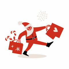 Happy Santa Claus with shopping bags. Christmas sales and shopping concept. Vector hand drawn illustration.