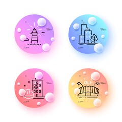 Sports arena, Skyscraper buildings and Lighthouse minimal line icons. 3d spheres or balls buttons. Construction building icons. For web, application, printing. Vector