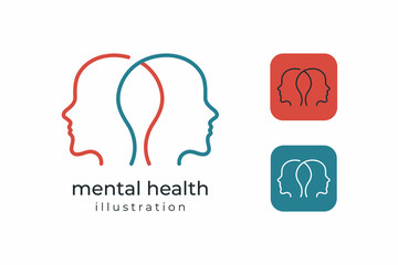 Two human heads flat line icon vector logo for mental health illustration concept
