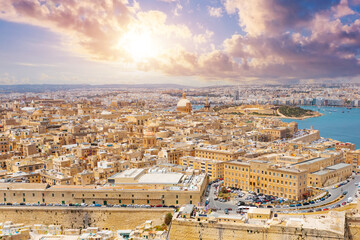 Naklejka premium Aerial view of Lady of Mount Carmel church, St.Paul's Cathedral in Valletta city center, Malta.