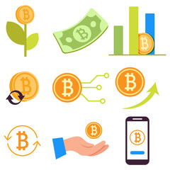 Vector icon set of Bitcoins and Cryptocurrency design
