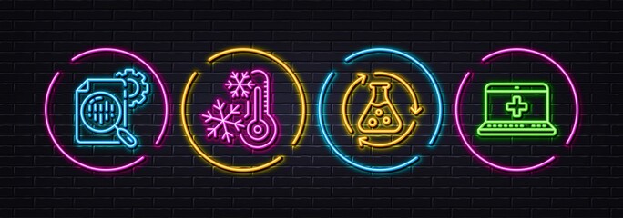 Seo stats, Chemistry experiment and Freezing minimal line icons. Neon laser 3d lights. Medical help icons. For web, application, printing. Cogwheel, Laboratory flask, Air conditioning. Vector