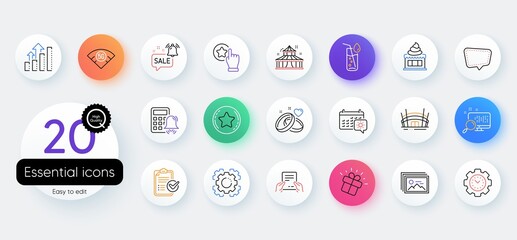 Simple set of Seo gear, Loyalty star and Water glass line icons. Include 5g wifi, Image gallery, Travel calendar icons. Circus, Chat message, Arena stadium web elements. Time management. Vector