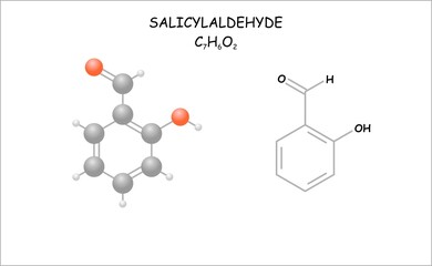 Stylized molecule model/structural formula of salicylaldehyde. Use in perfumery.