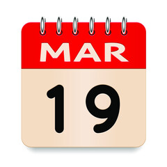 19 day of the month. March. Flip old formal calendar daily icon. Date day week Sunday, Monday, Tuesday, Wednesday, Thursday, Friday, Saturday. Cut paper. White background. Vector illustration. 3d
