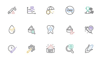 Umbrella, Vaccine attention and Dumbbell line icons for website, printing. Collection of Cardio training, Vaccination schedule, Dermatologically tested icons. Medical analyzes. Vector