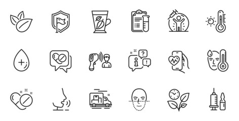 Outline set of Vaccine protection, Oil serum and Cardio training line icons for web application. Talk, information, delivery truck outline icon. Vector